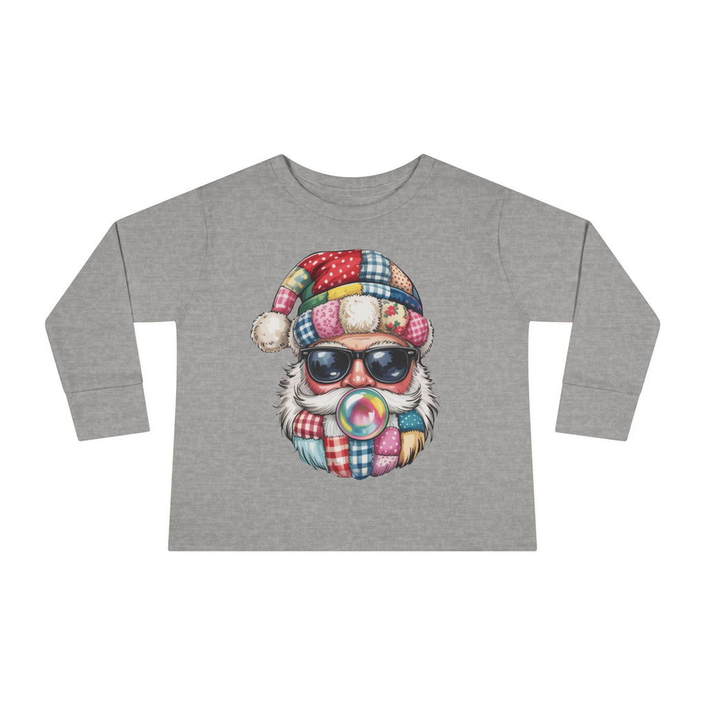 Toddler Long Sleeve Tee  Cool Santa with Patchwork Hat & Bubblegum Graphic