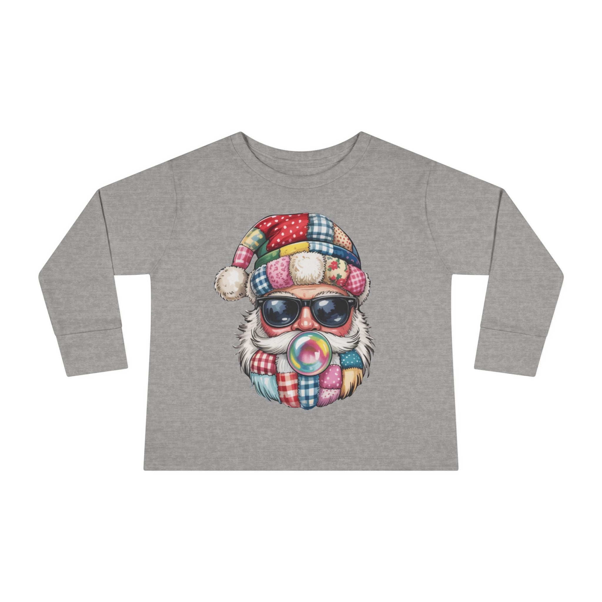 Toddler Long Sleeve Tee  Cool Santa with Patchwork Hat & Bubblegum Graphic