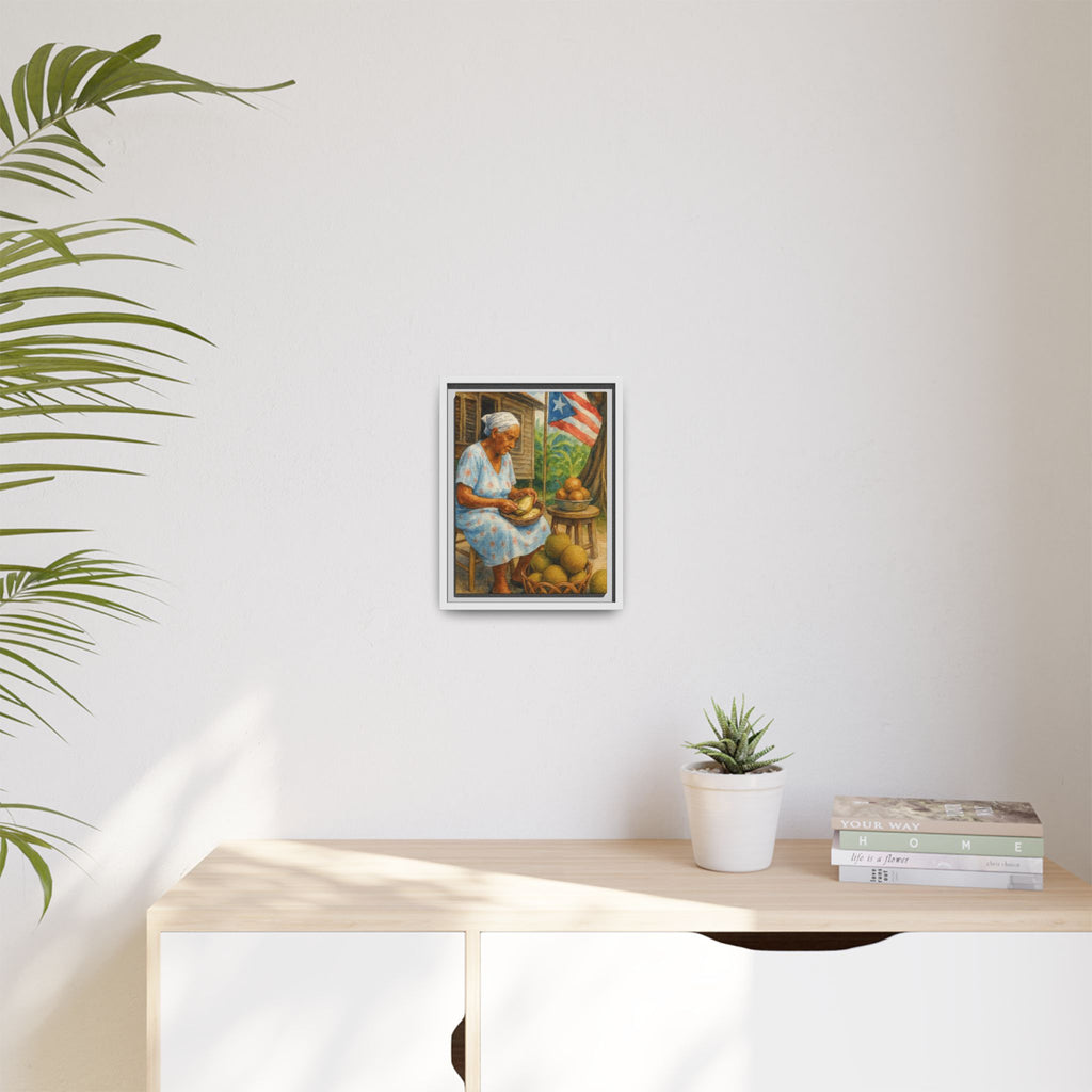 Cultural & Story-Driven These Puerto Rico inspired  Framed Matte Canvas Print  Woman Shelling Fruit Vintage Tropical Painting