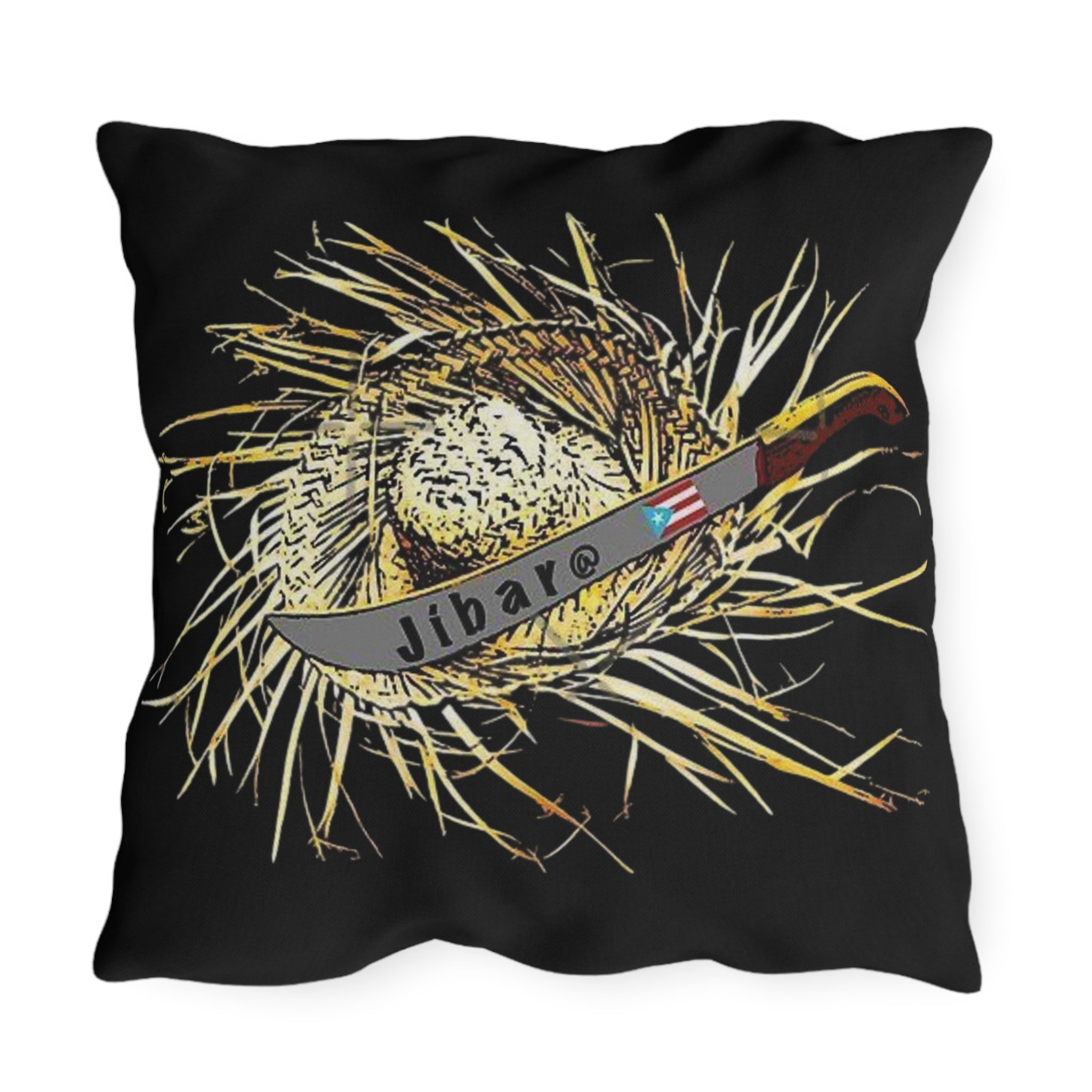 Puerto Rico Culture Pillow Outdoor Pillow – Rustic Straw Hat & Machete Design (Jibaro)