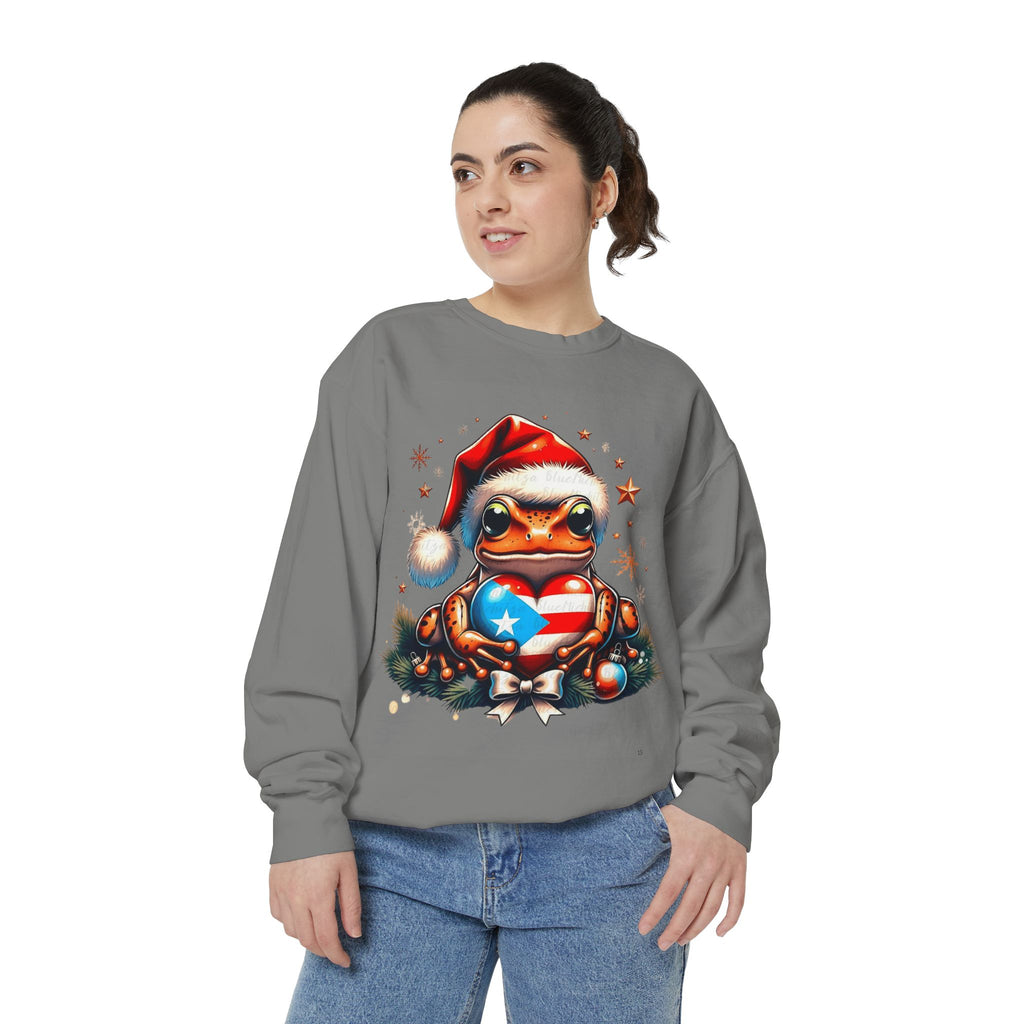 Christmas Coqui Sweatshirt — Cute Santa Frog Holding Ornament Holiday Sweater