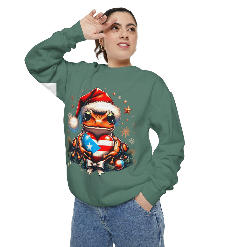 Christmas Coqui Sweatshirt — Cute Santa Frog Holding Ornament Holiday Sweater