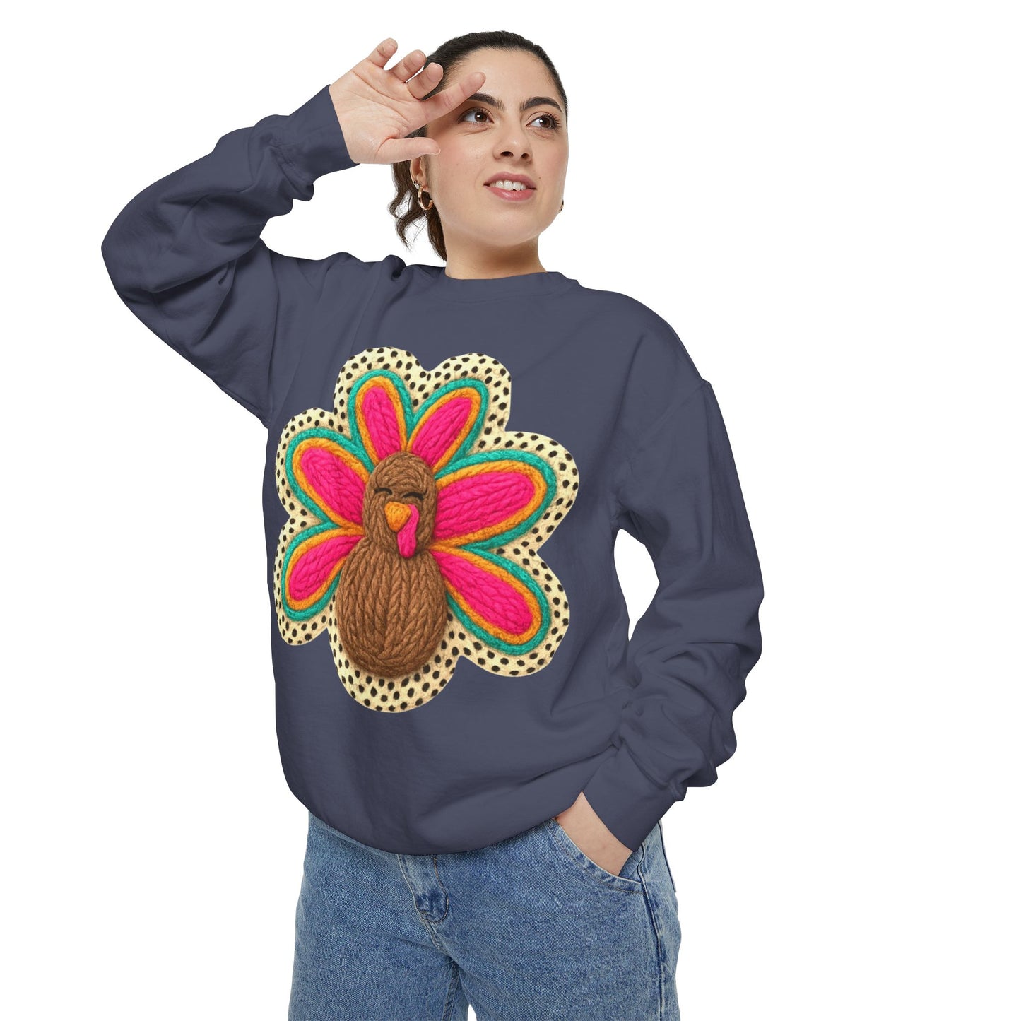 Festive Holiday Designs Turkey Patch Sweatshirt — Colorful Embroidered Thanksgiving Pullover