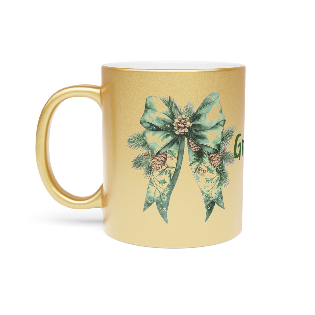 Grateful Holiday Metallic Mug - Silver/Gold with Festive Bow Design