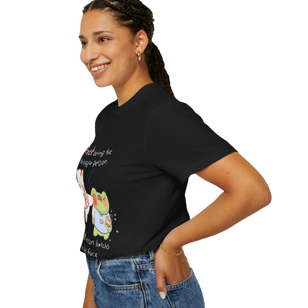 Graphic T-Shirt  Cute Kicking Cat & Frog with 'F*ck Being The Bigger Person' Slogan