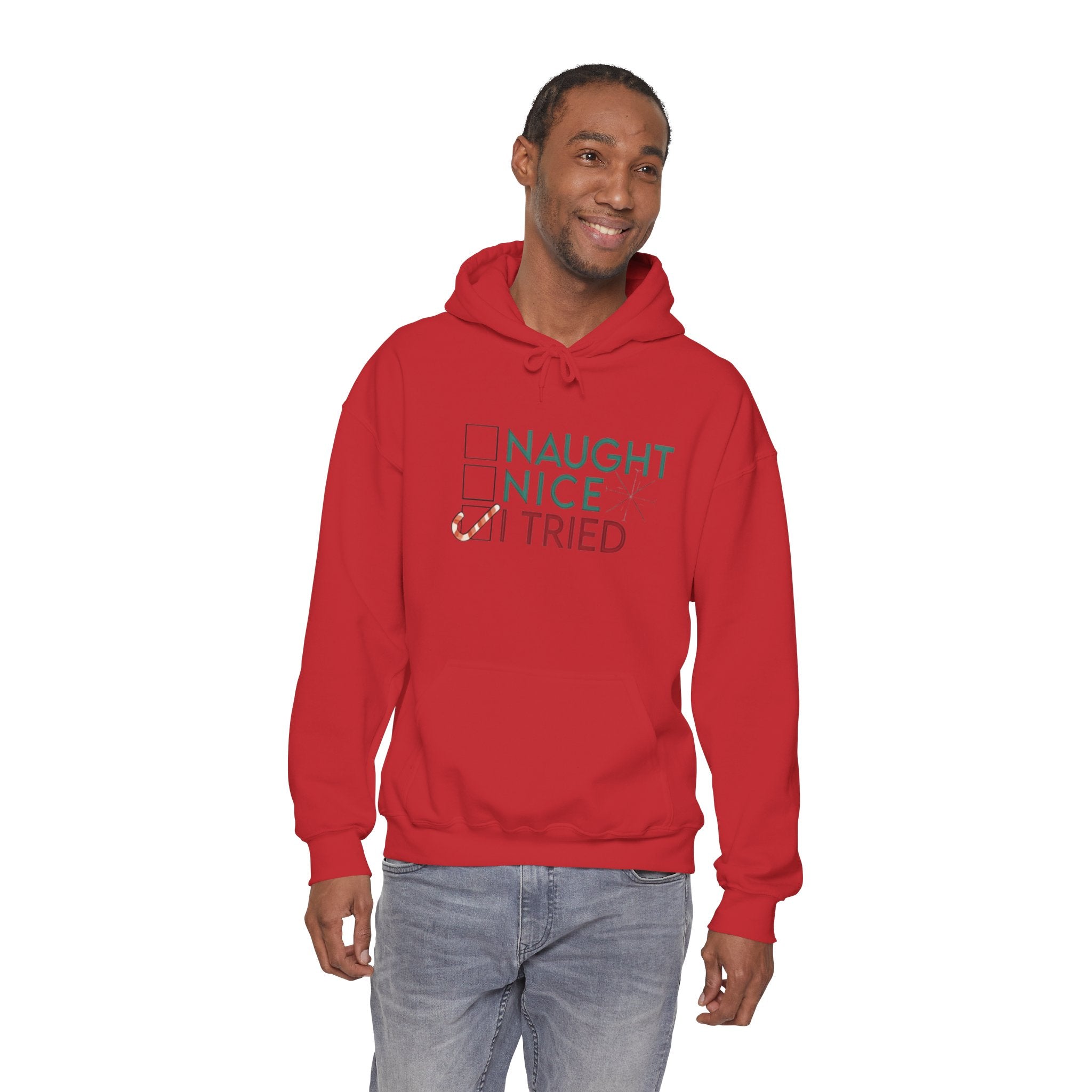 Holiday Hoodie — "Naughty, Nice, I Tried" Funny Christmas Sweatshirt