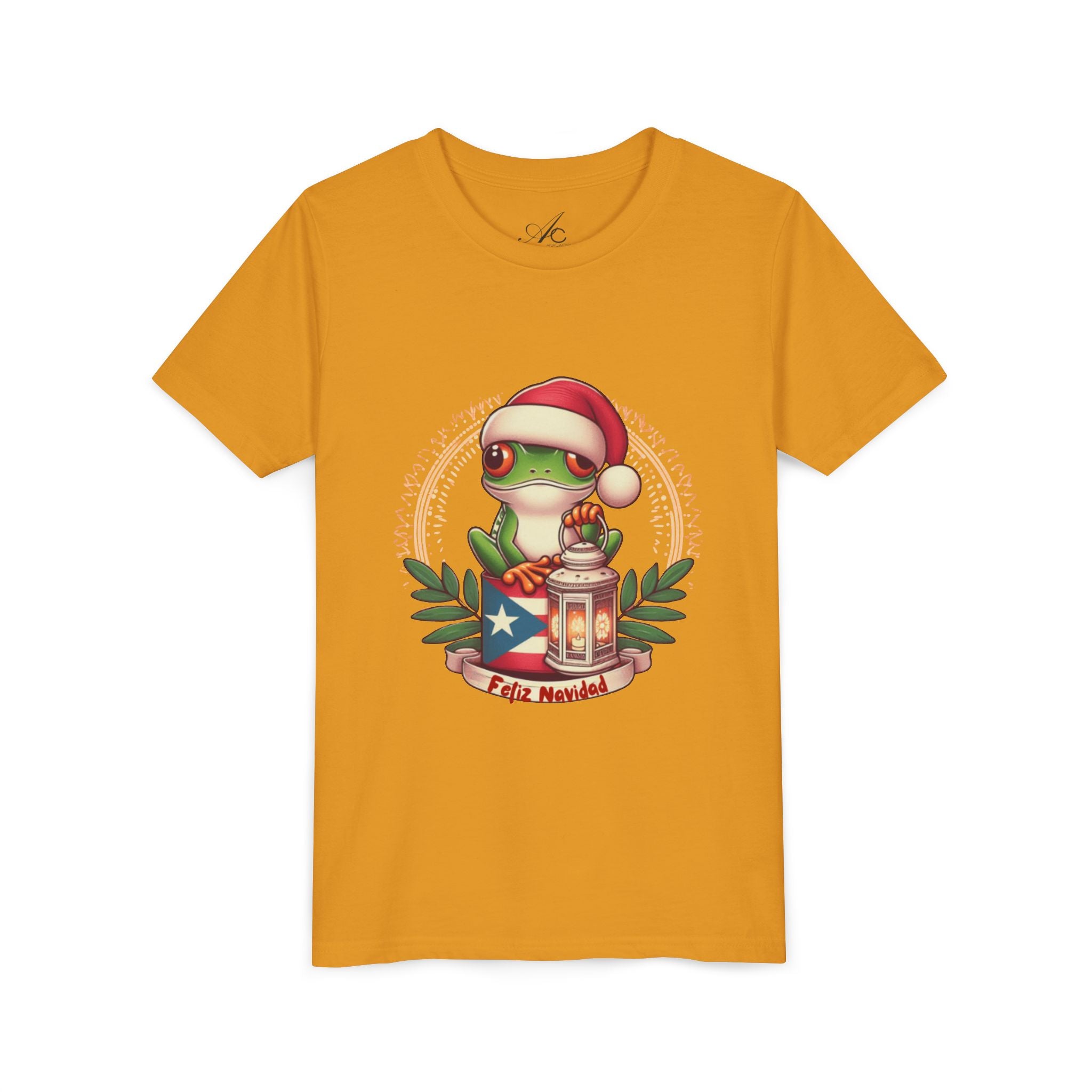 Kids Tee Cute Frog with Puerto Rican Flag & Lantern (Feliz Navidad)