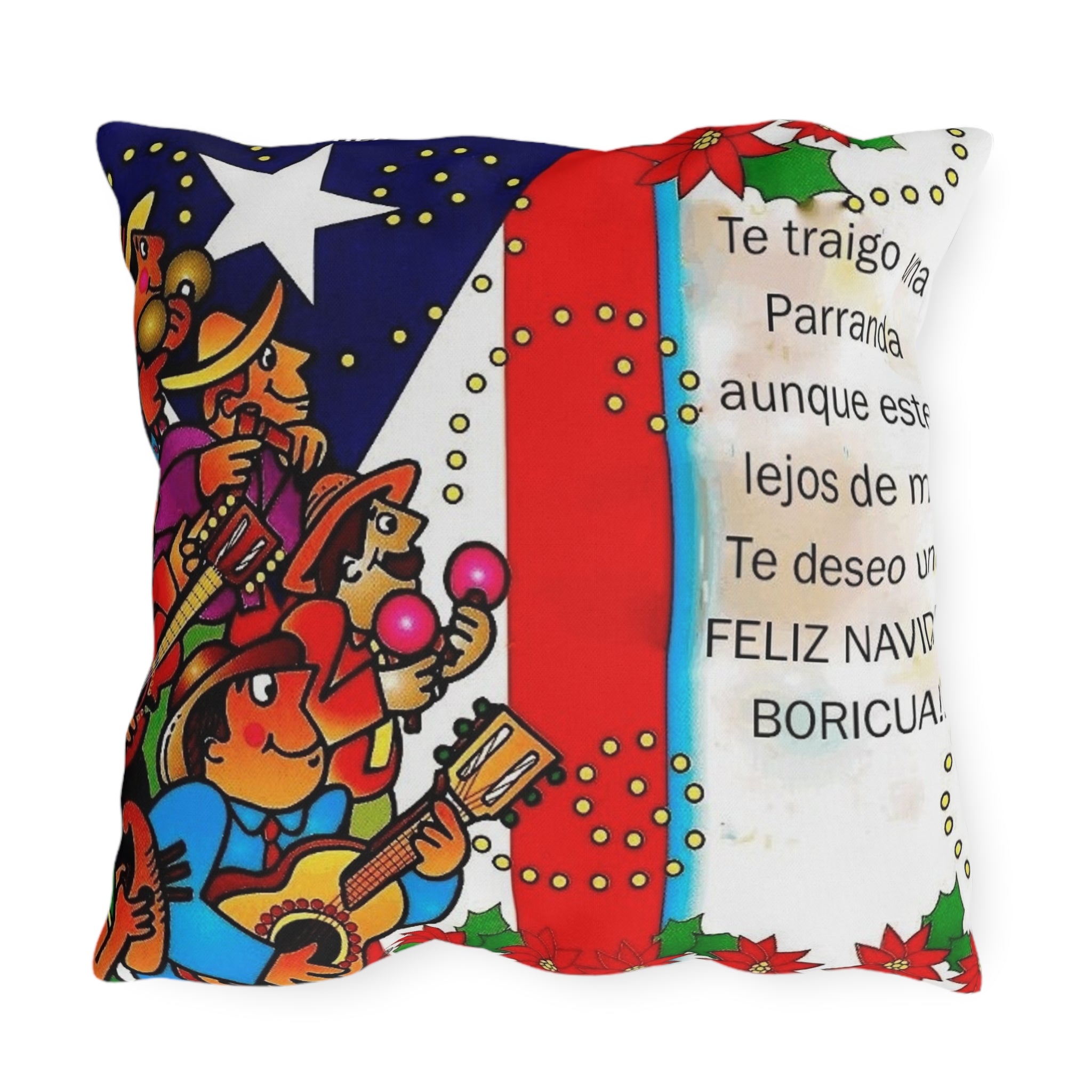 Puerto Rican Christmas Outdoor Pillow — "Te traigo una Parranda" Festive Boricua Holiday Decor