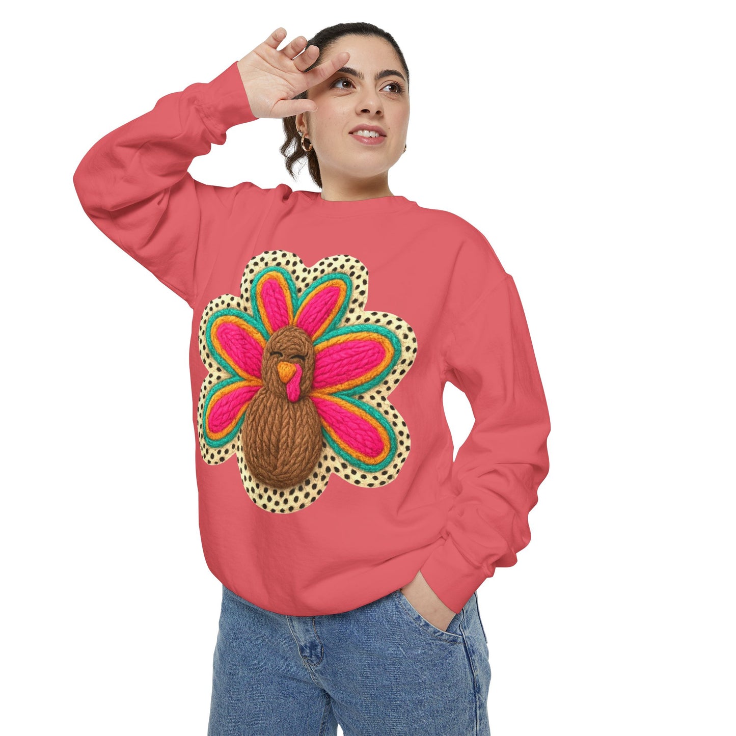 Festive Holiday Designs Turkey Patch Sweatshirt — Colorful Embroidered Thanksgiving Pullover