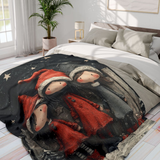 Holiday Girls Fleece Blanket — Cute Christmas Elf Trio Winter Throw