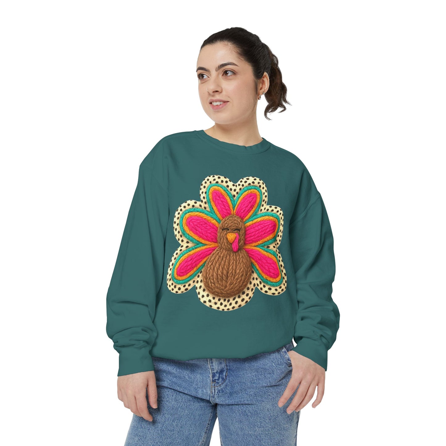Festive Holiday Designs Turkey Patch Sweatshirt — Colorful Embroidered Thanksgiving Pullover