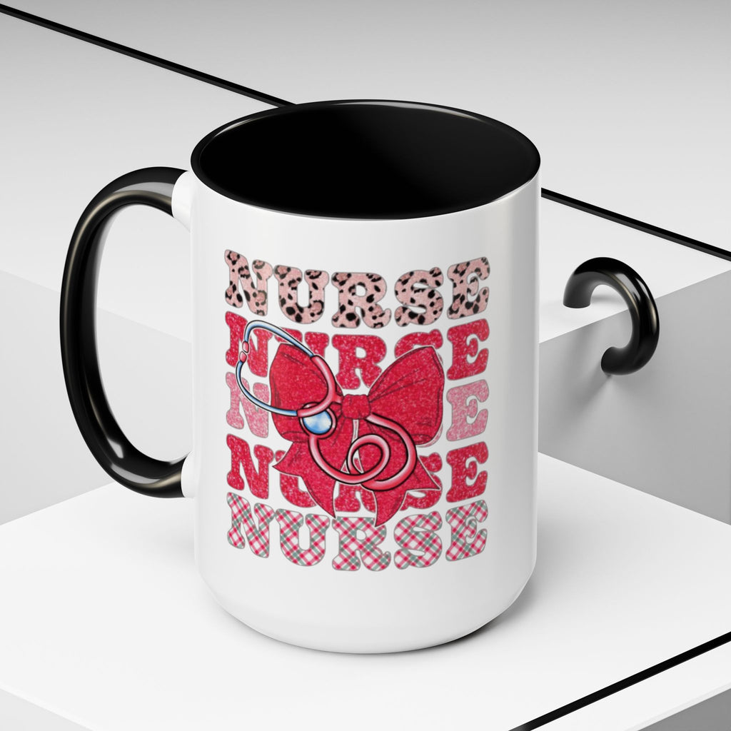 Nurse Stethoscope Bow Accent Coffee Mug — Cute Leopard & Plaid Healthcare Gift (11/15oz) Medical Christmas Mug