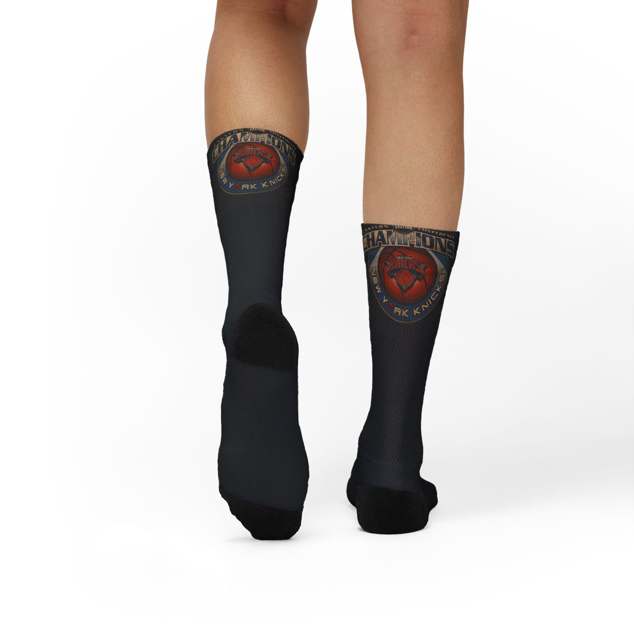 NY*K Basketball Black Sublimation Crew Socks with Vintage Motorcycle Badge Design