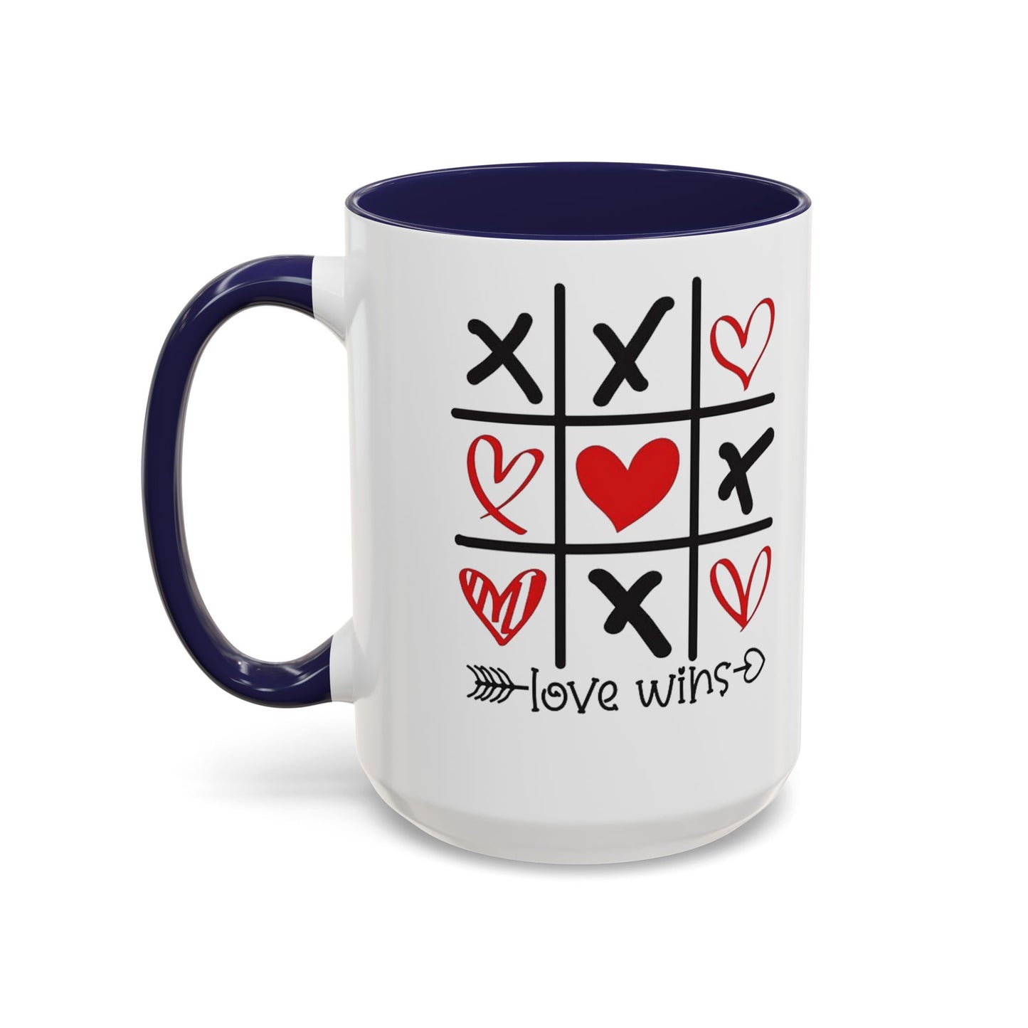 Love Wins Tic-Tac-Toe Heart Accent Coffee Mug — Romantic Valentine 11/15oz
