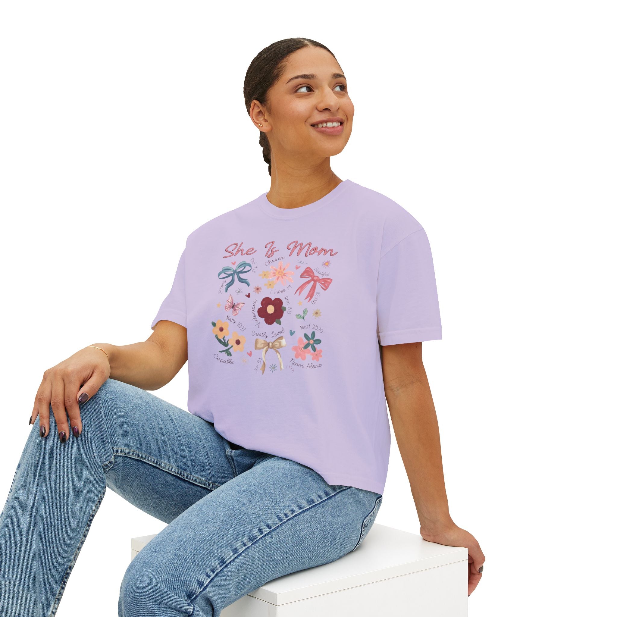 She Is Mom Floral Boxy Tee  Cute Mother’s Day Floral Graphic Shirt
