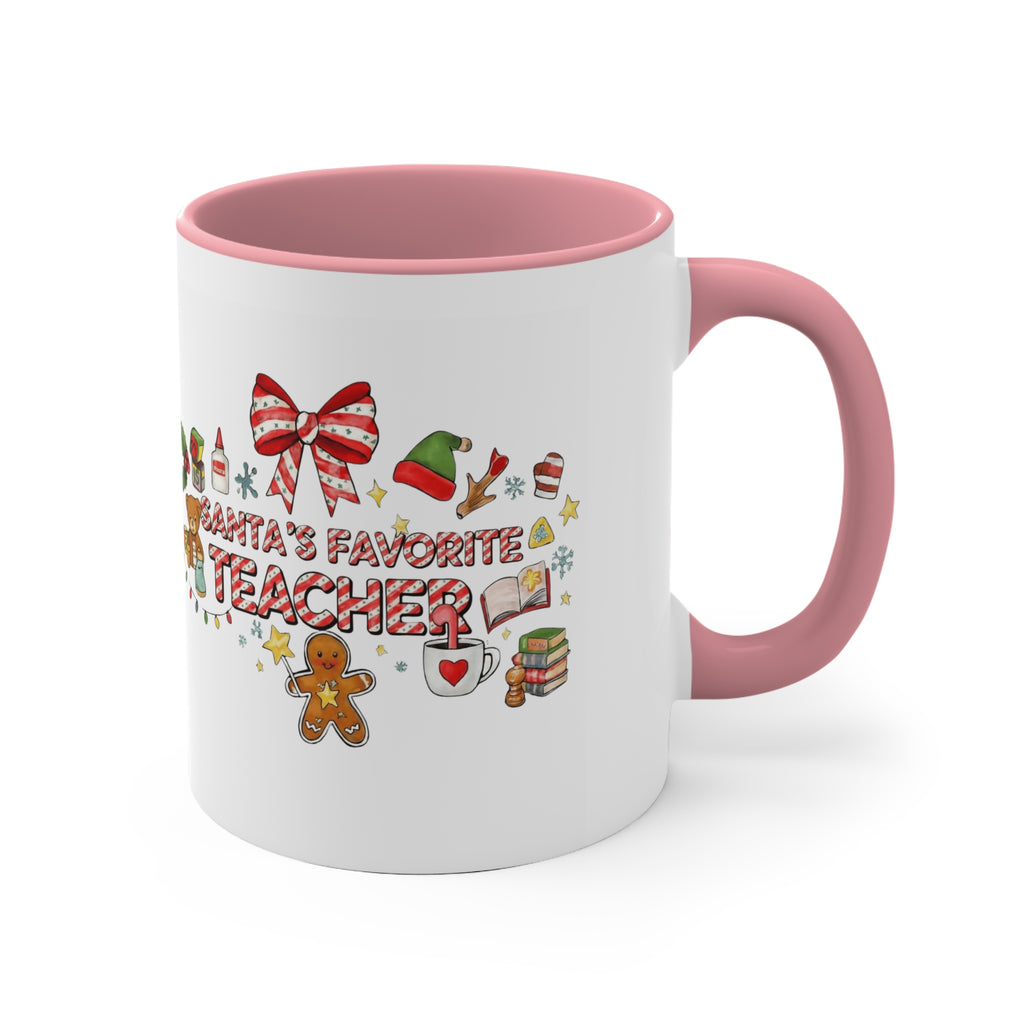 A festive Christmas mug for teachers who inspire hearts and minds all year long.  “Santa’s Favorite Teacher” 11oz Accent Coffee Cup