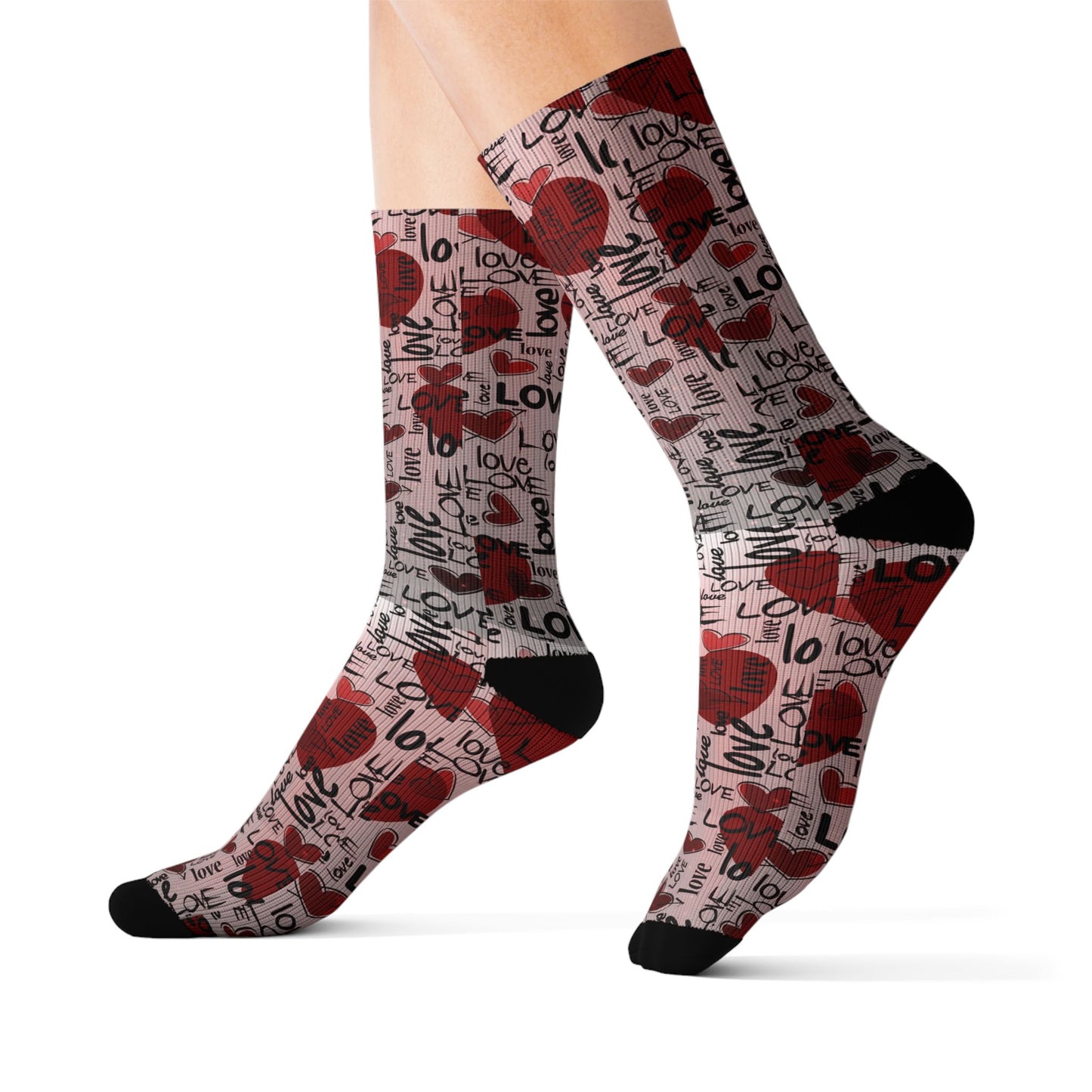 Valentine Heart Sublimation Socks – I Love You Pattern, Red Rose & Script Crew Socks