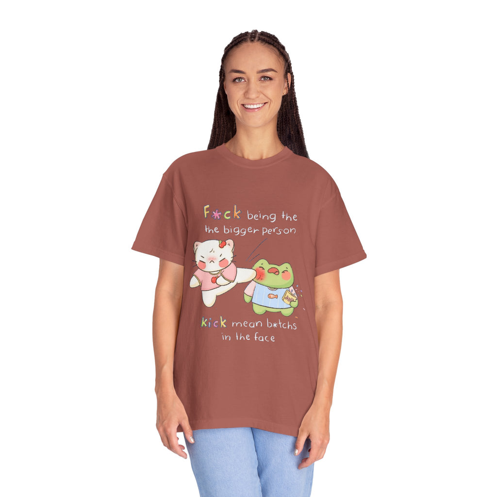 Graphic T-Shirt  Cute Kicking Cat & Frog with 'F*ck Being The Bigger Person' Slogan