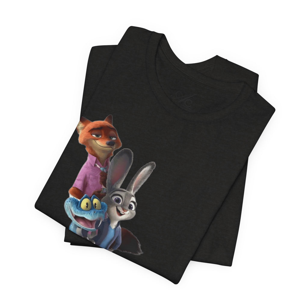 Animated Character Tee — Cute Fox & Bunny Stack Graphic T-Shirt  cartoon-style Christmas artwork