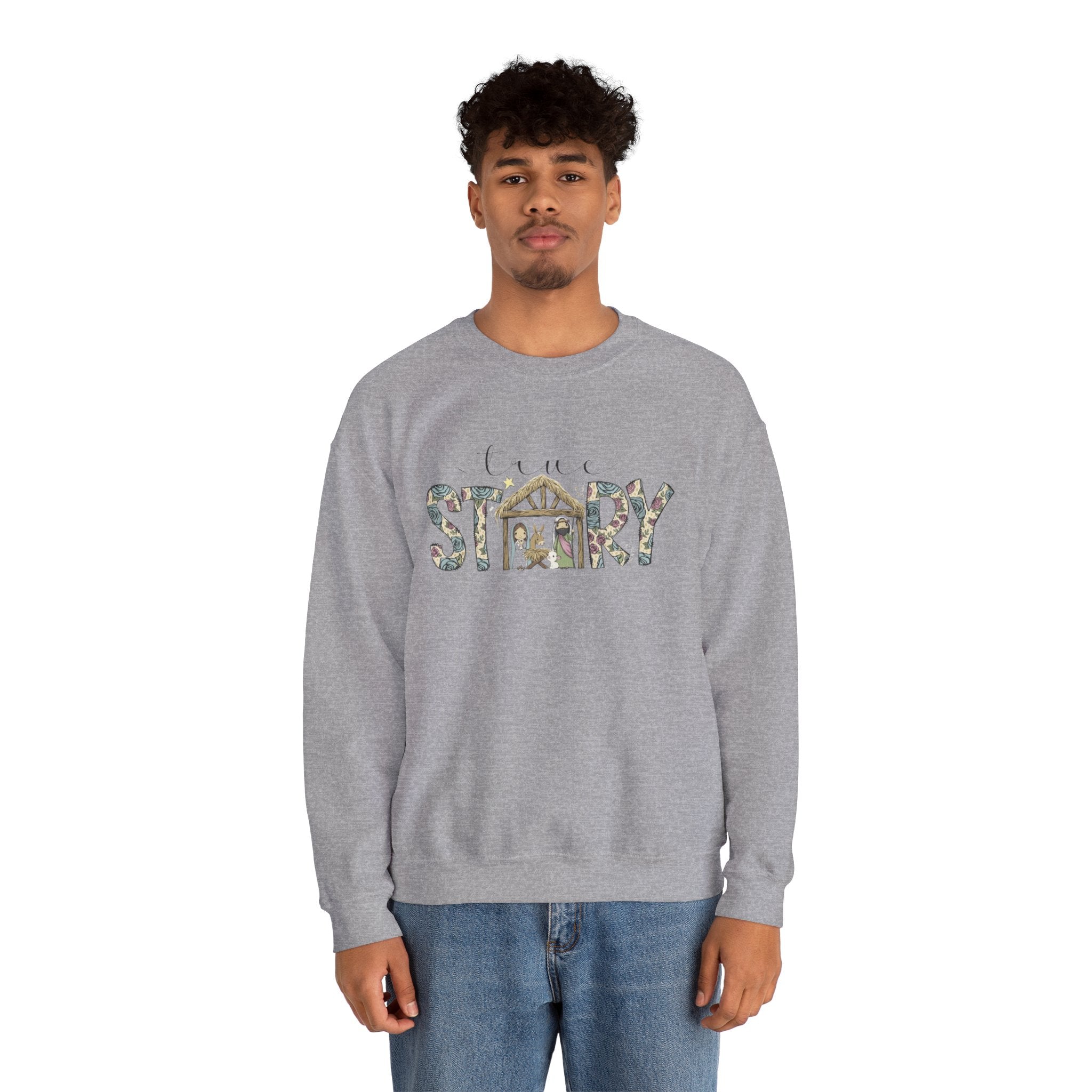 Crewneck Sweatshirt "Come Story" Floral Nativity Design  Cozy Christmas Pullover unique festive designs and joyful