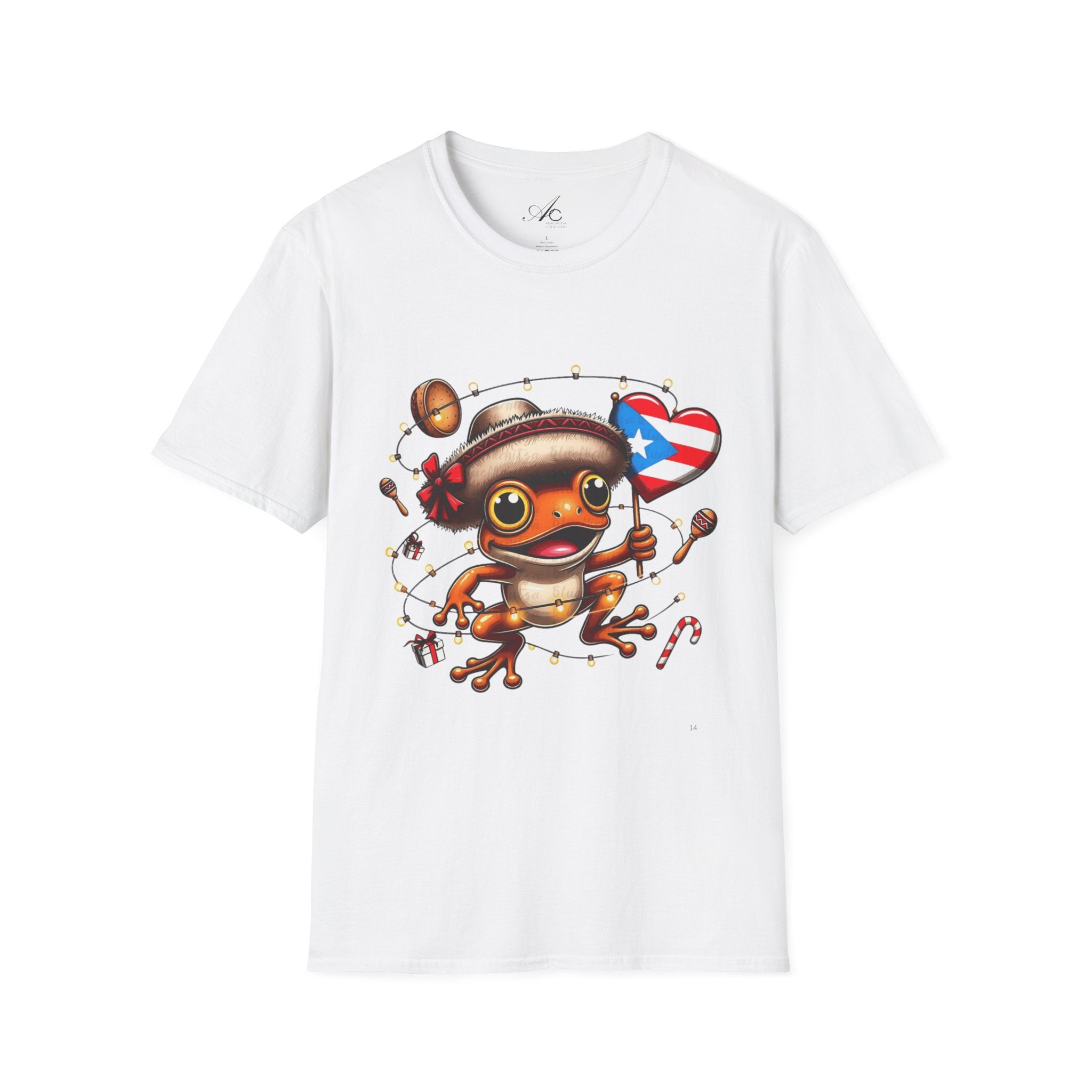 Puerto Rico Frog Holiday T-Shirt  Cute Coquí with Flag Heart (Christmas) Puerto Rico Navidades