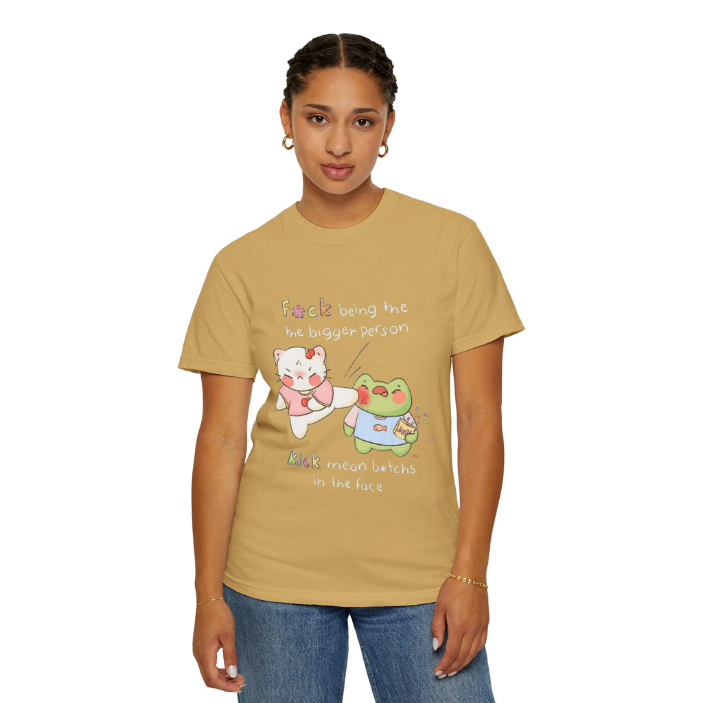Graphic T-Shirt  Cute Kicking Cat & Frog with 'F*ck Being The Bigger Person' Slogan