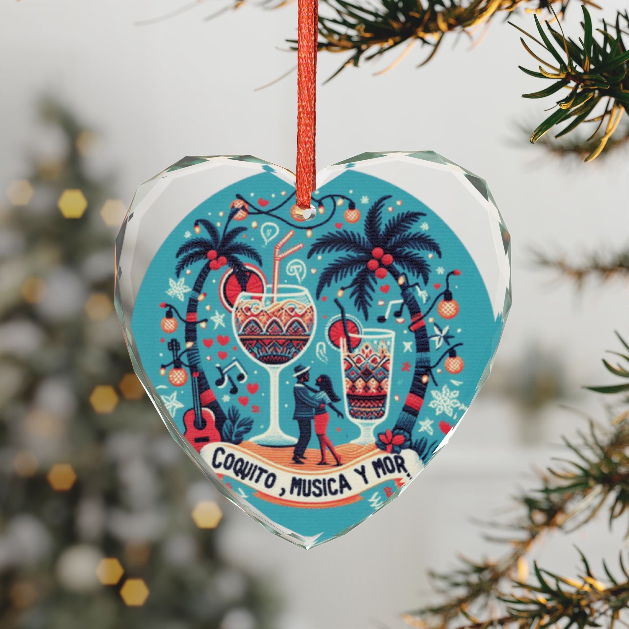 Puerto Rico Glass Ornaments Crystal Ornament "Coquito, Musica y Amor" Holiday Heart Decoration