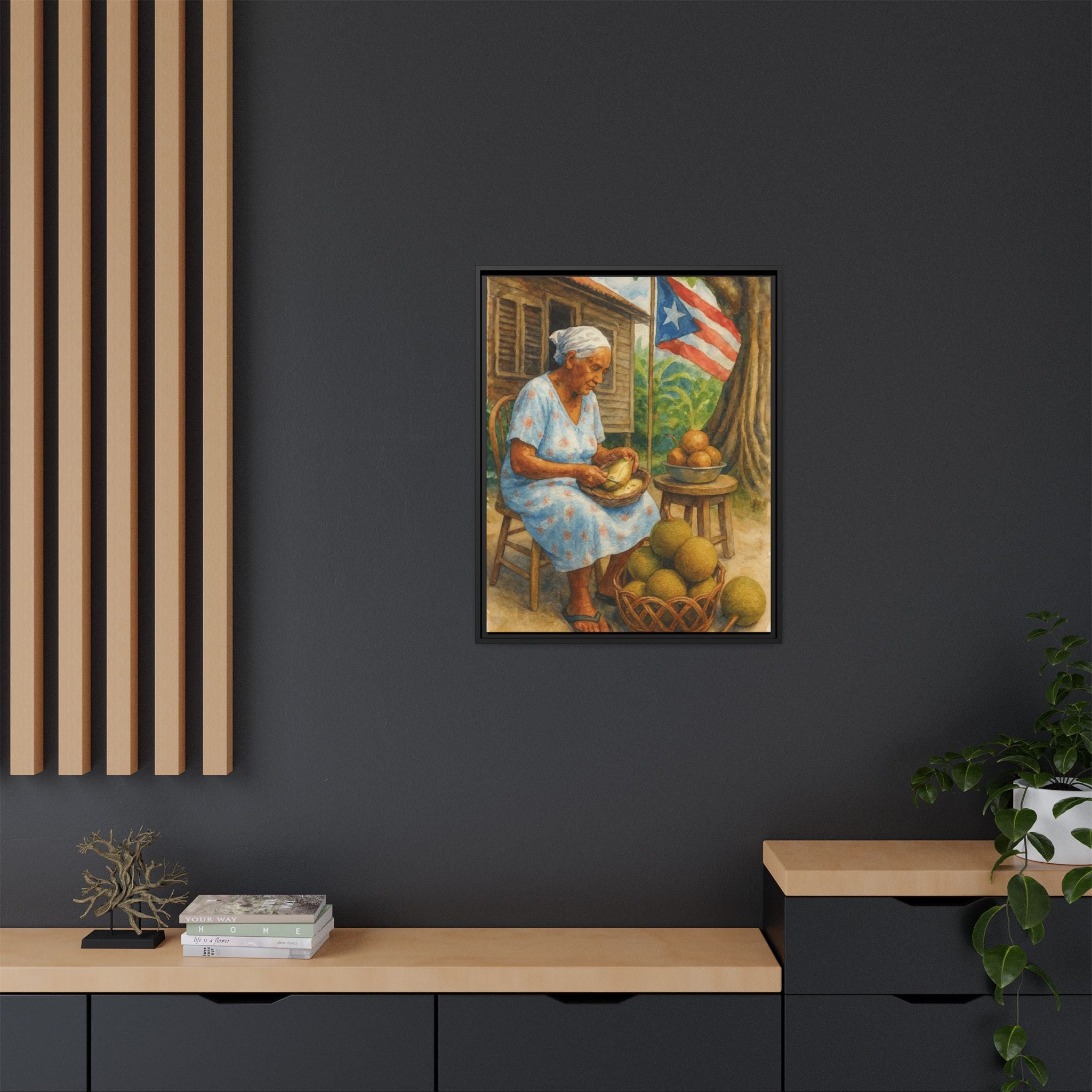 Cultural & Story-Driven These Puerto Rico inspired  Framed Matte Canvas Print  Woman Shelling Fruit Vintage Tropical Painting