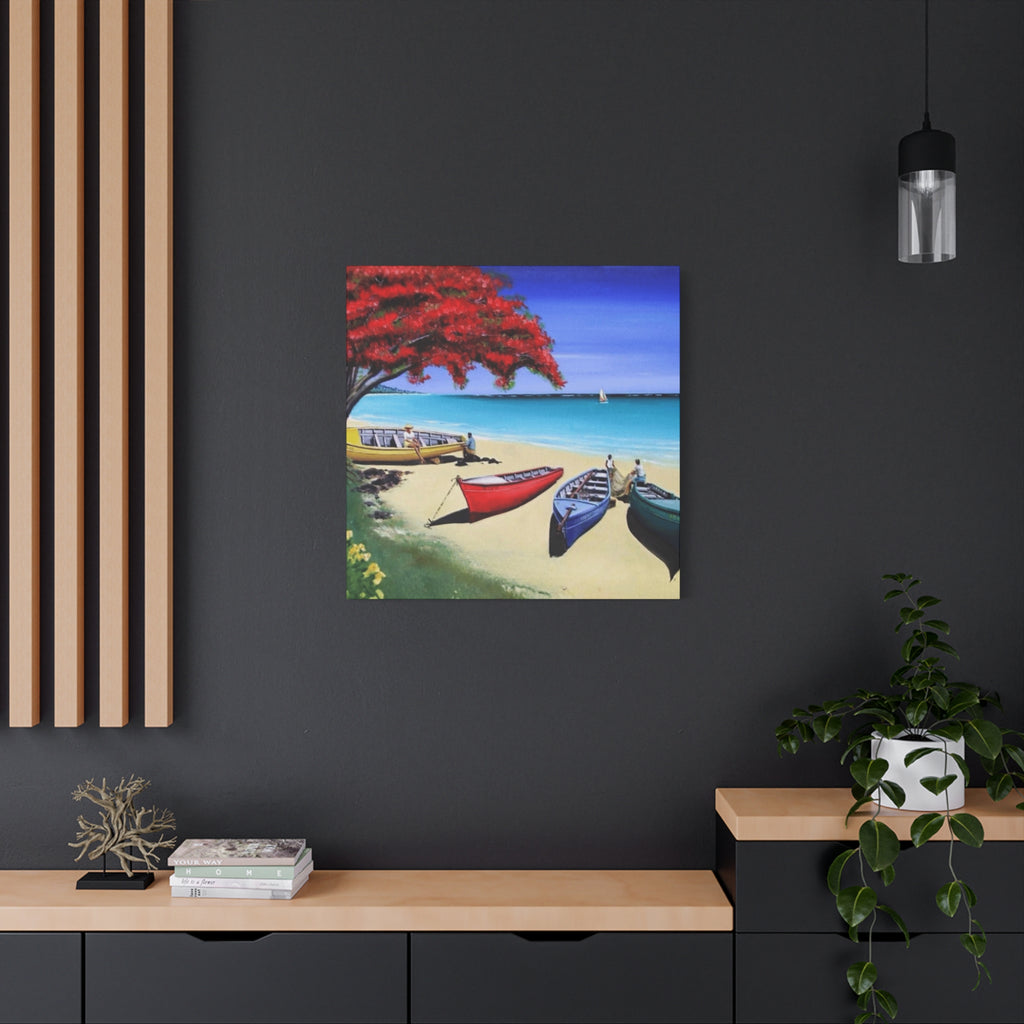 Beach Canoes Canvas Wall Art Tropical Seaside Landscape Matte Stretched Canvas