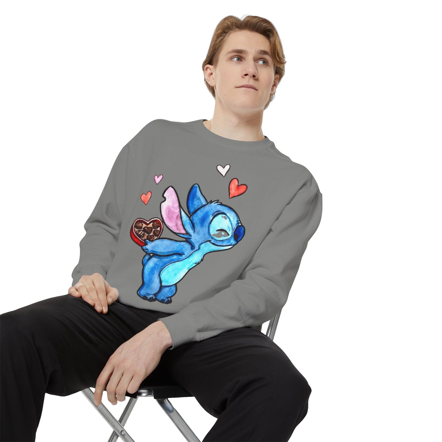 Stitch Valentine Sweatshirt — Cute Blue Alien with Hearts & Chocolate Pocket