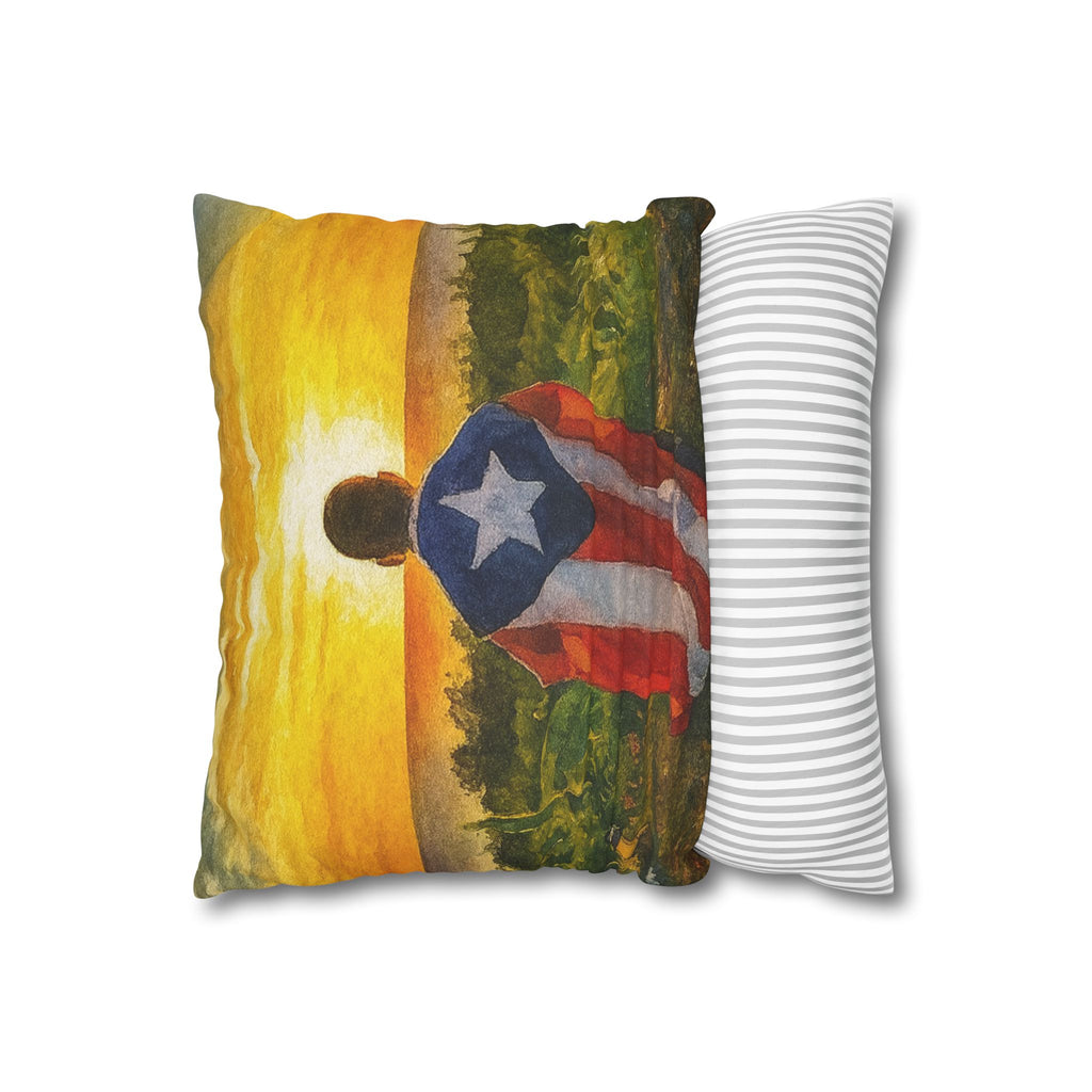 Puerto Rican Flag Sunset Pillowcase  Boy Draped in Puerto Rico Flag Decorative Throw Pillow Puerto Rico Culture Pillow