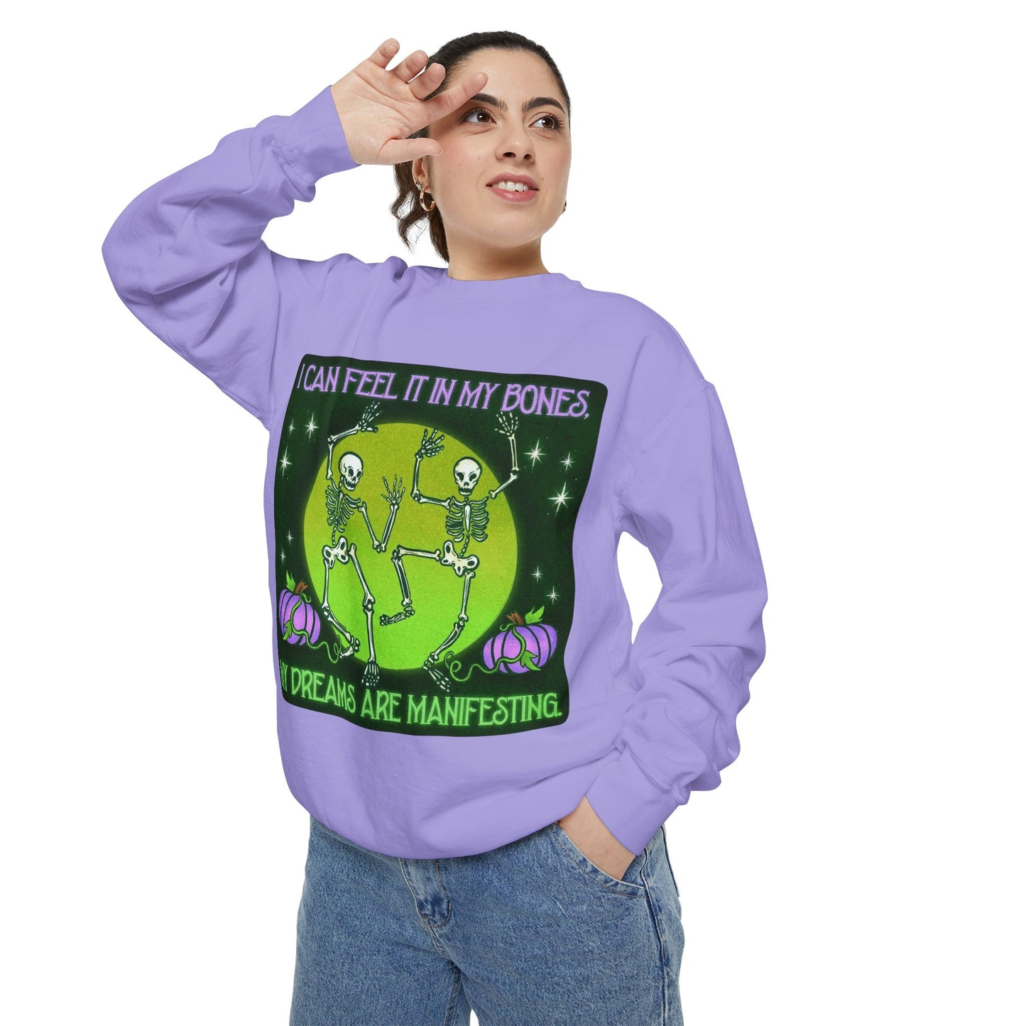 Spooky Manifesting Sweatshirt, Unisex Skeleton Pullover, Halloween Apparel, Cozy Fall Fashion, Casual Trendy Top, Unique Gift