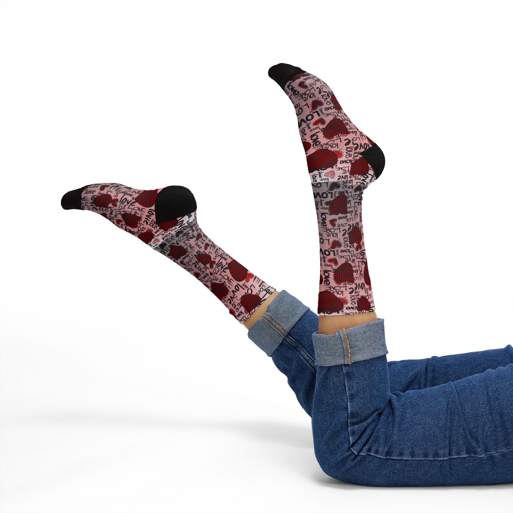 Valentine Heart Sublimation Socks – I Love You Pattern, Red Rose & Script Crew Socks