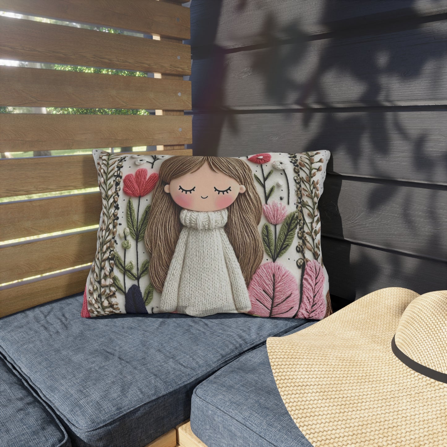 Cute Girl Floral Outdoor Pillow — Whimsical Garden Accent Cushion