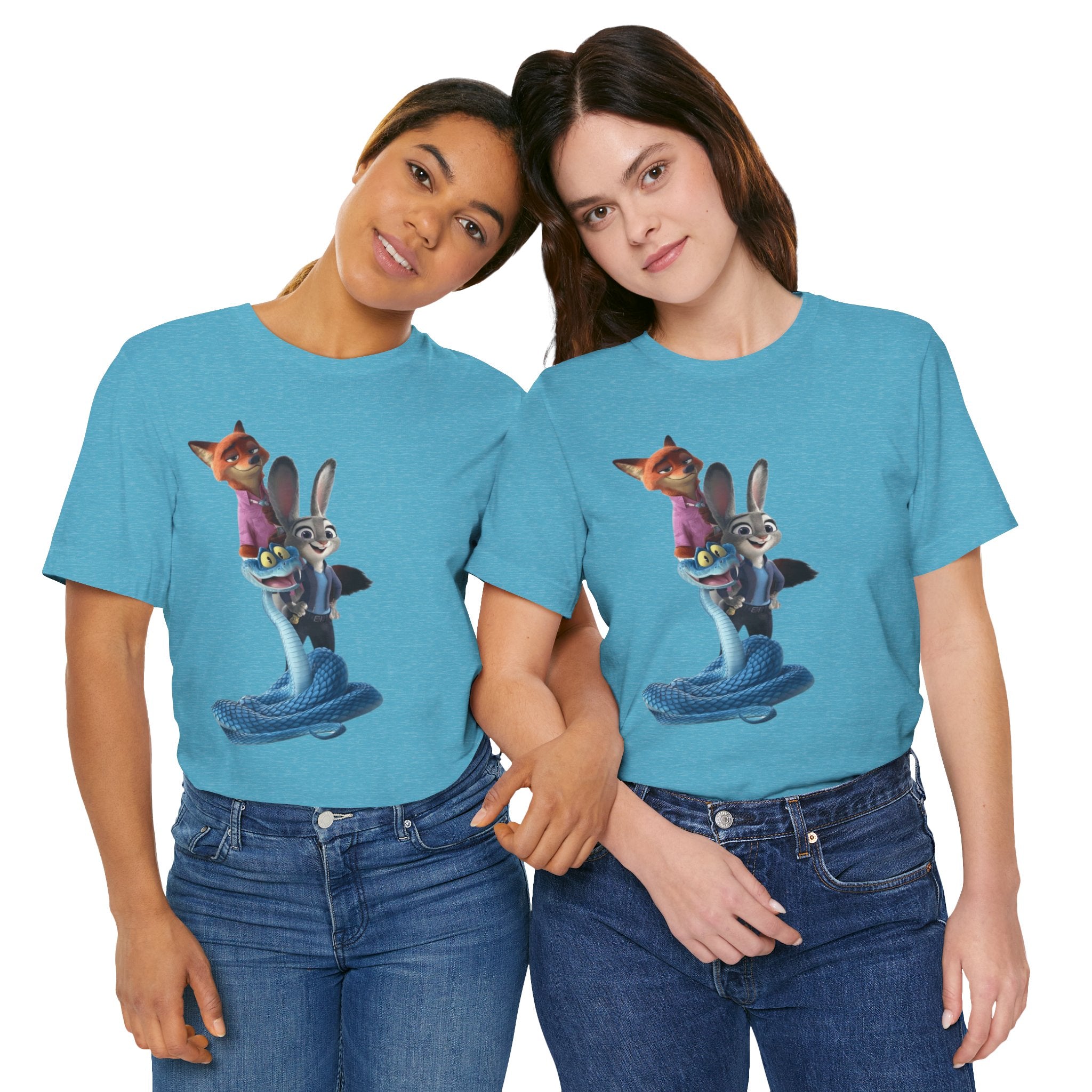 Animated Character Tee — Cute Fox & Bunny Stack Graphic T-Shirt  cartoon-style Christmas artwork