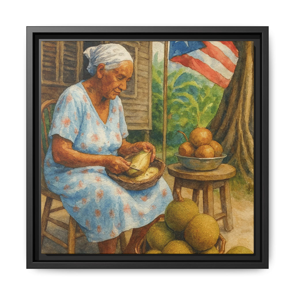 Cultural & Story-Driven These Puerto Rico inspired  Framed Matte Canvas Print  Woman Shelling Fruit Vintage Tropical Painting