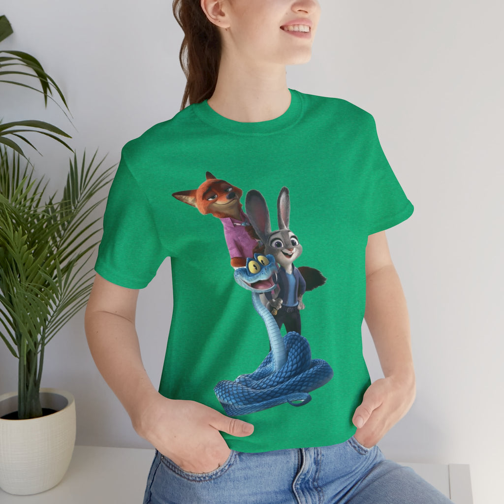 Animated Character Tee — Cute Fox & Bunny Stack Graphic T-Shirt  cartoon-style Christmas artwork
