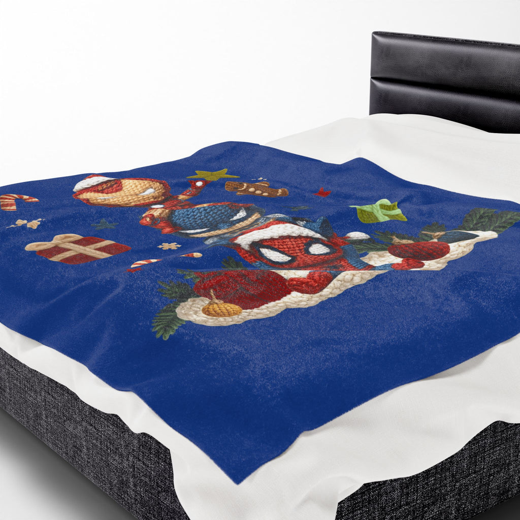 Plush Holiday Marvel Blanket — Cute Iron Man, Captain America & Spider-Man Stack with Christmas Gifts