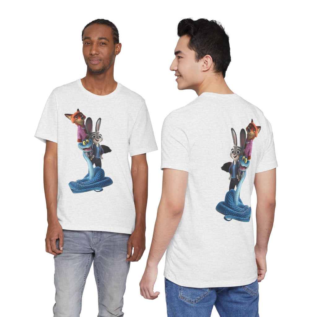 Animated Character Tee — Cute Fox & Bunny Stack Graphic T-Shirt  cartoon-style Christmas artwork