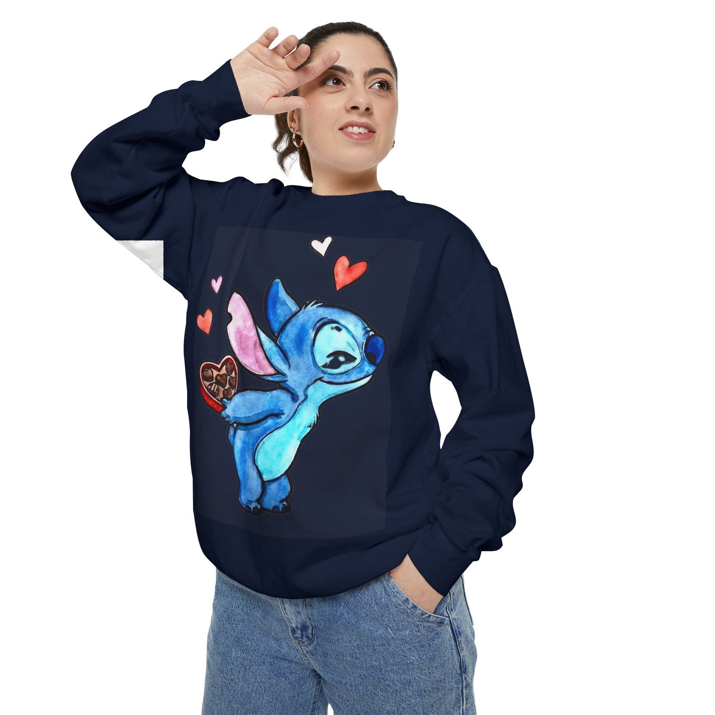 Stitch Valentine Sweatshirt — Cute Blue Alien with Hearts & Chocolate Pocket