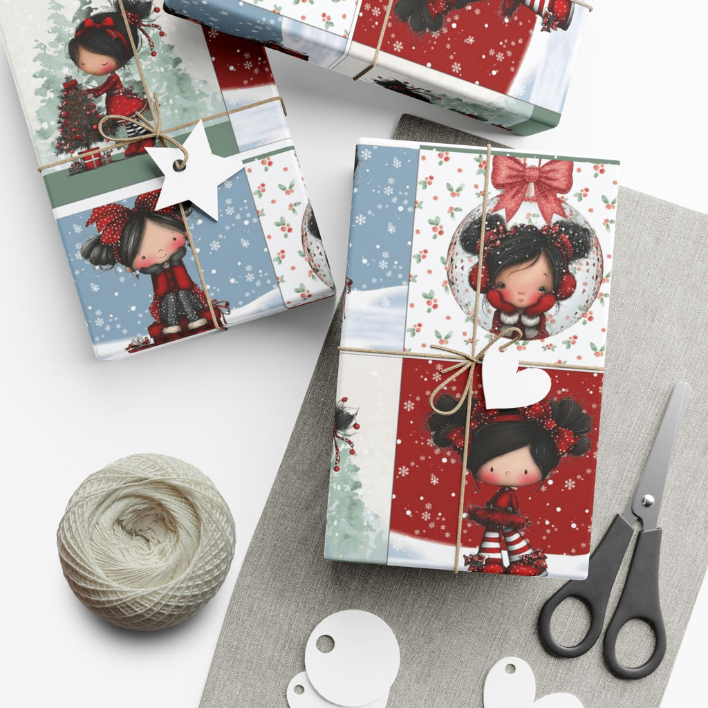 Festive Wrapping Paper Gift Wrap Papers - Cute Holiday Girl Patterned Wrapping Paper Rolls (Snow, Red Bows)