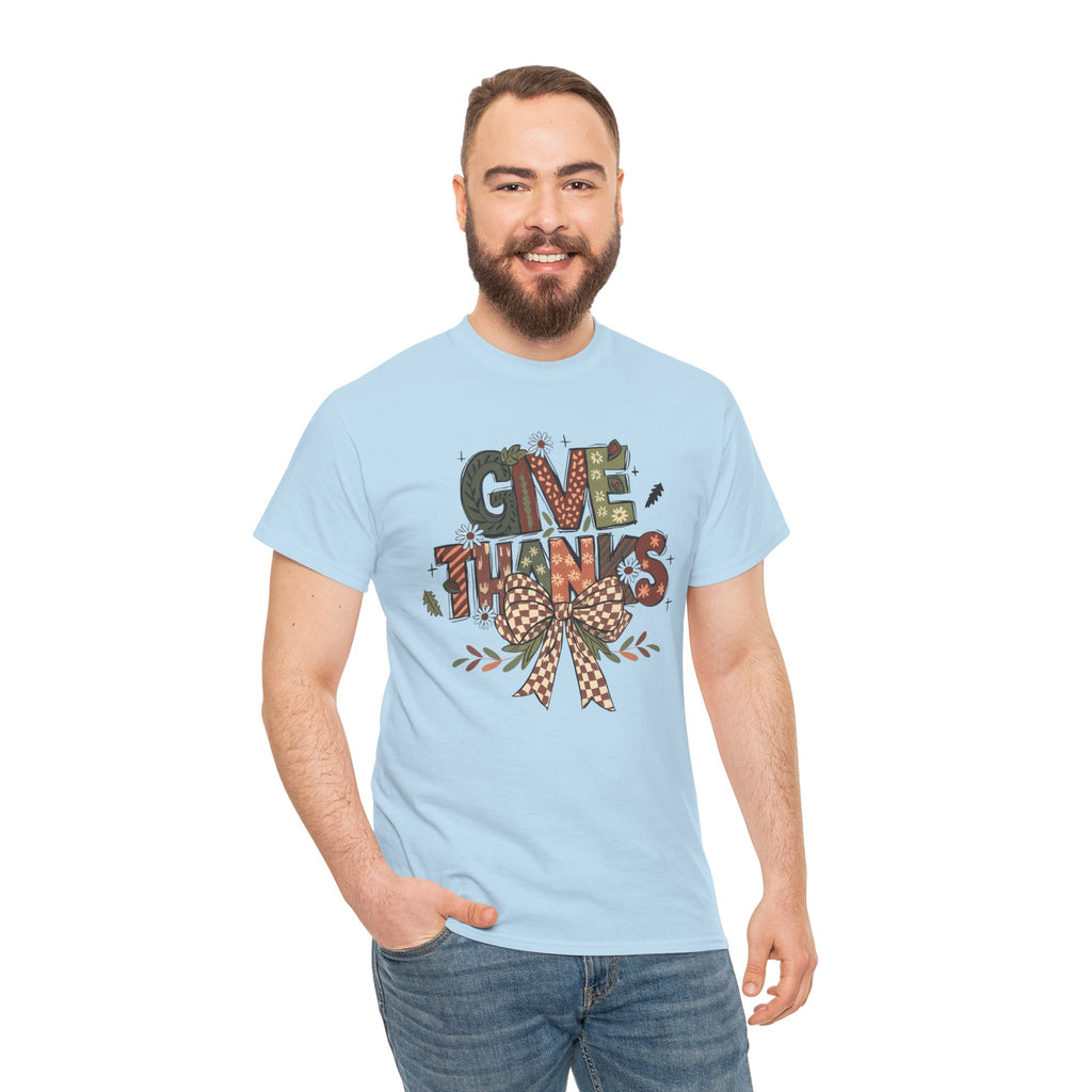 Give Thanks Tee Thanksgiving Graphic T-Shirt with Rustic Bow Design
