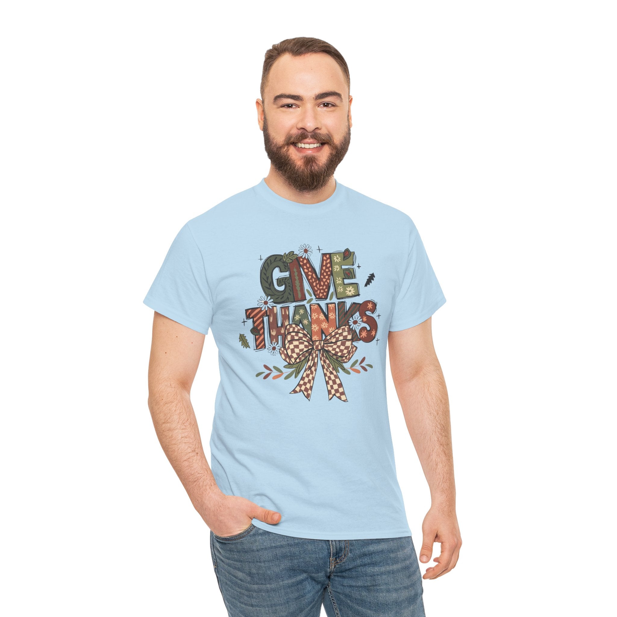 Give Thanks Tee Thanksgiving Graphic T-Shirt with Rustic Bow Design