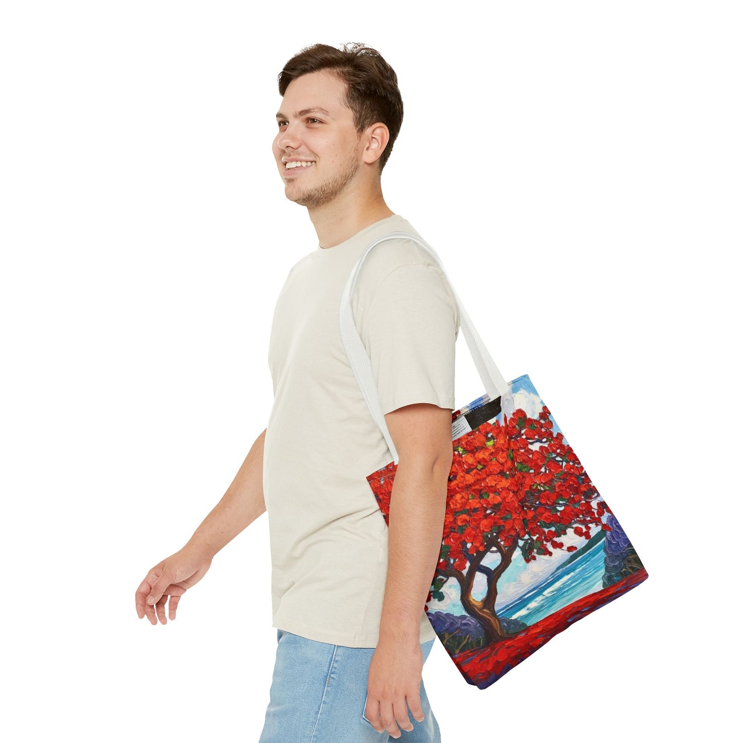 Red Blossom Beach Tote - Tropical Tree Art All-Over Print Tote Bag Crochet-Decorated Tote Bags