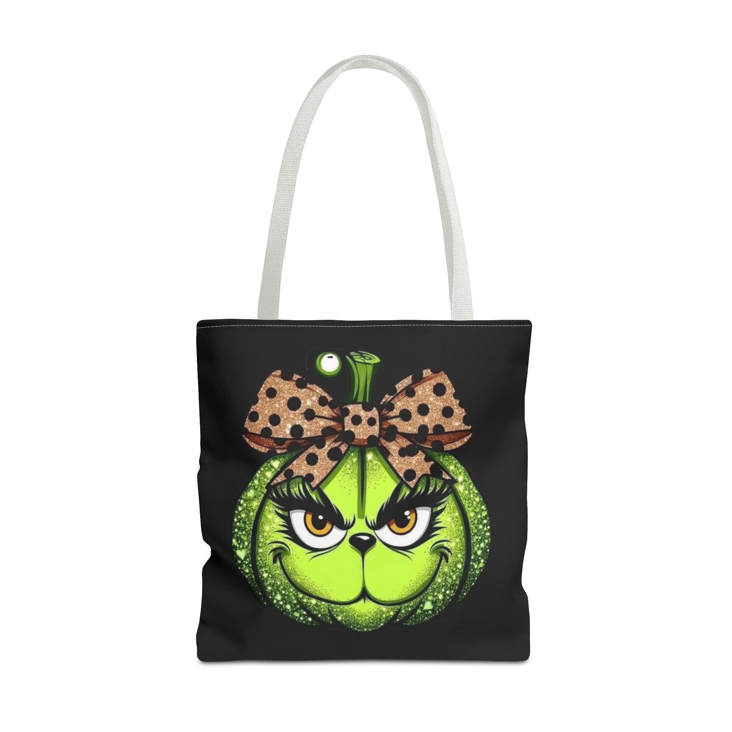 Grinch-Inspired Tote Bag with Polka Dot Bow Christmas Tote Bag Festive Holiday Design