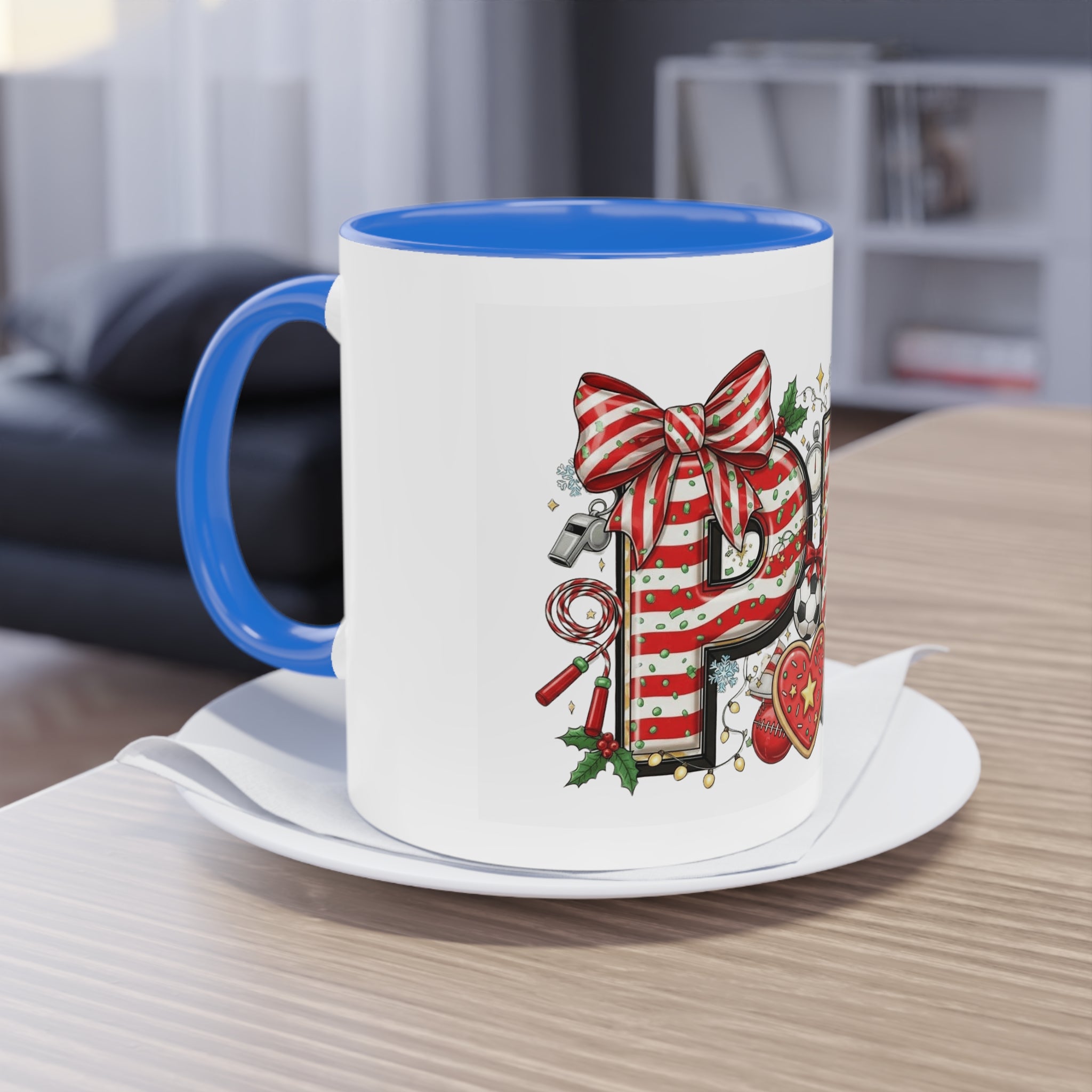 Holiday Sports Mom Coffee Mug Festive 'PE' Candy-Stripe Design, 11oz Two-Tone School Staff Christmas Mug Collection,