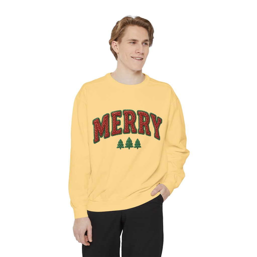 Merry Holiday Sweatshirt — Cozy Christmas Pullover with Tree Graphics Festive Holiday Designs
