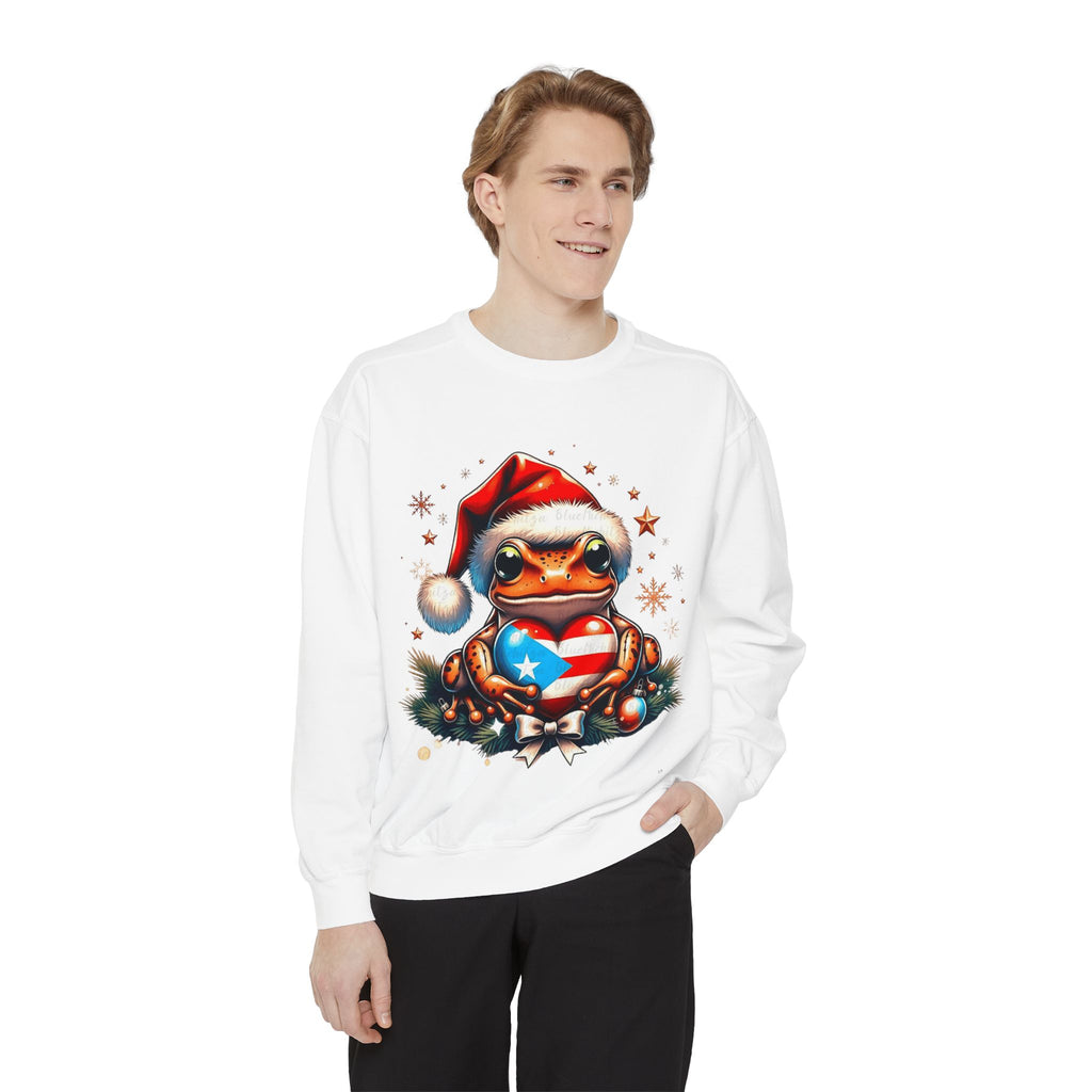 Christmas Coqui Sweatshirt — Cute Santa Frog Holding Ornament Holiday Sweater