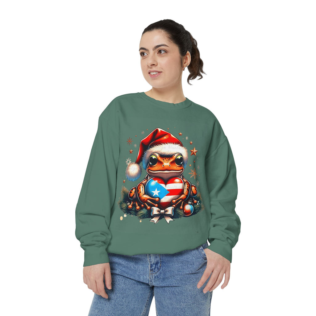 Christmas Coqui Sweatshirt — Cute Santa Frog Holding Ornament Holiday Sweater