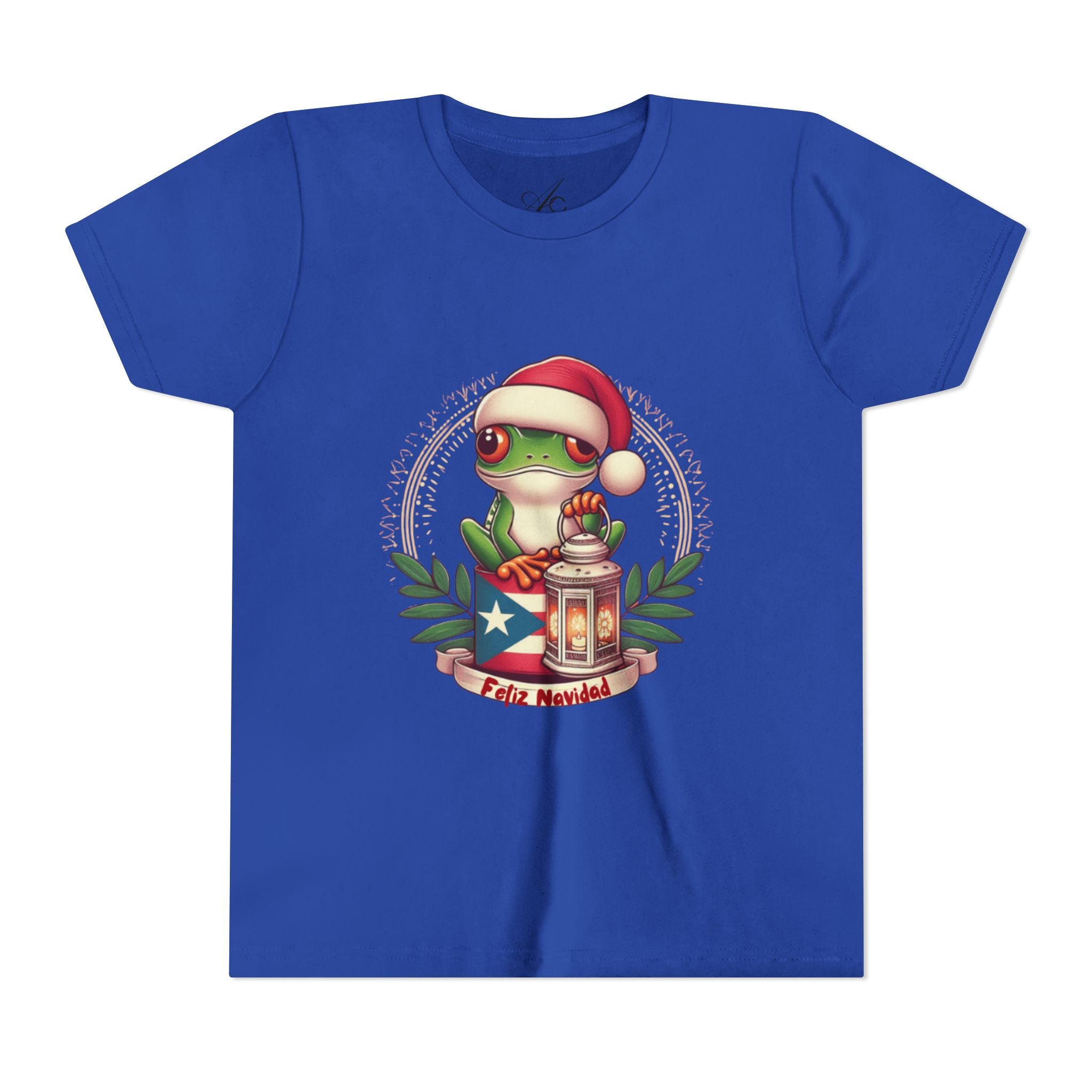 Kids Tee Cute Frog with Puerto Rican Flag & Lantern (Feliz Navidad)